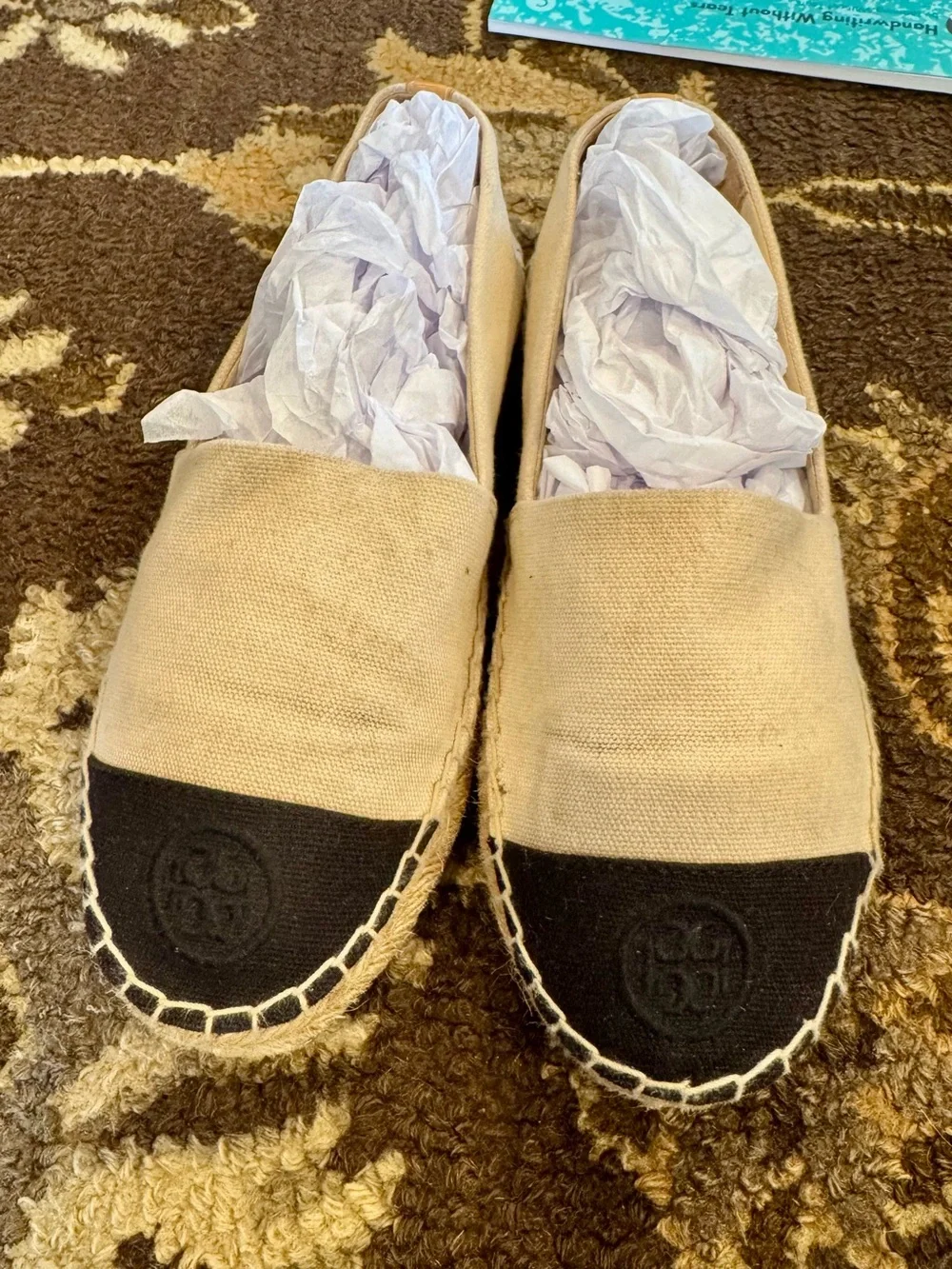 Tory Burch Beige Canvas Espadrilles with Black Toe Cap